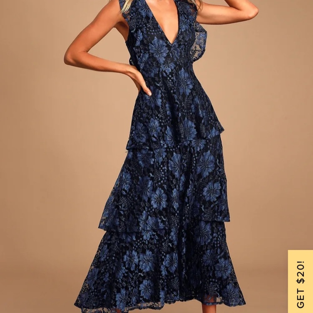 Molinetto Navy Blue Lace Ruffled Tiered Sleeveless Maxi Dress